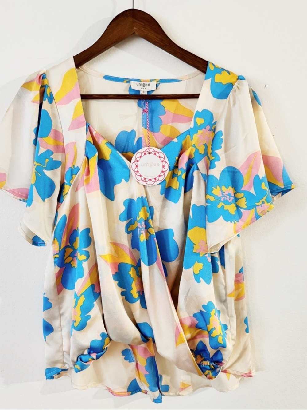 umgee Cream Floral Wrap Blouse with Blue & Yellow Print small NWT